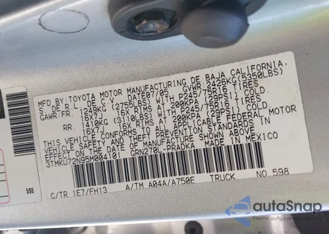 2005 Toyota Tacoma Prerunner V6 из США, поврежденный, VIN 3TMKU72N95M004101